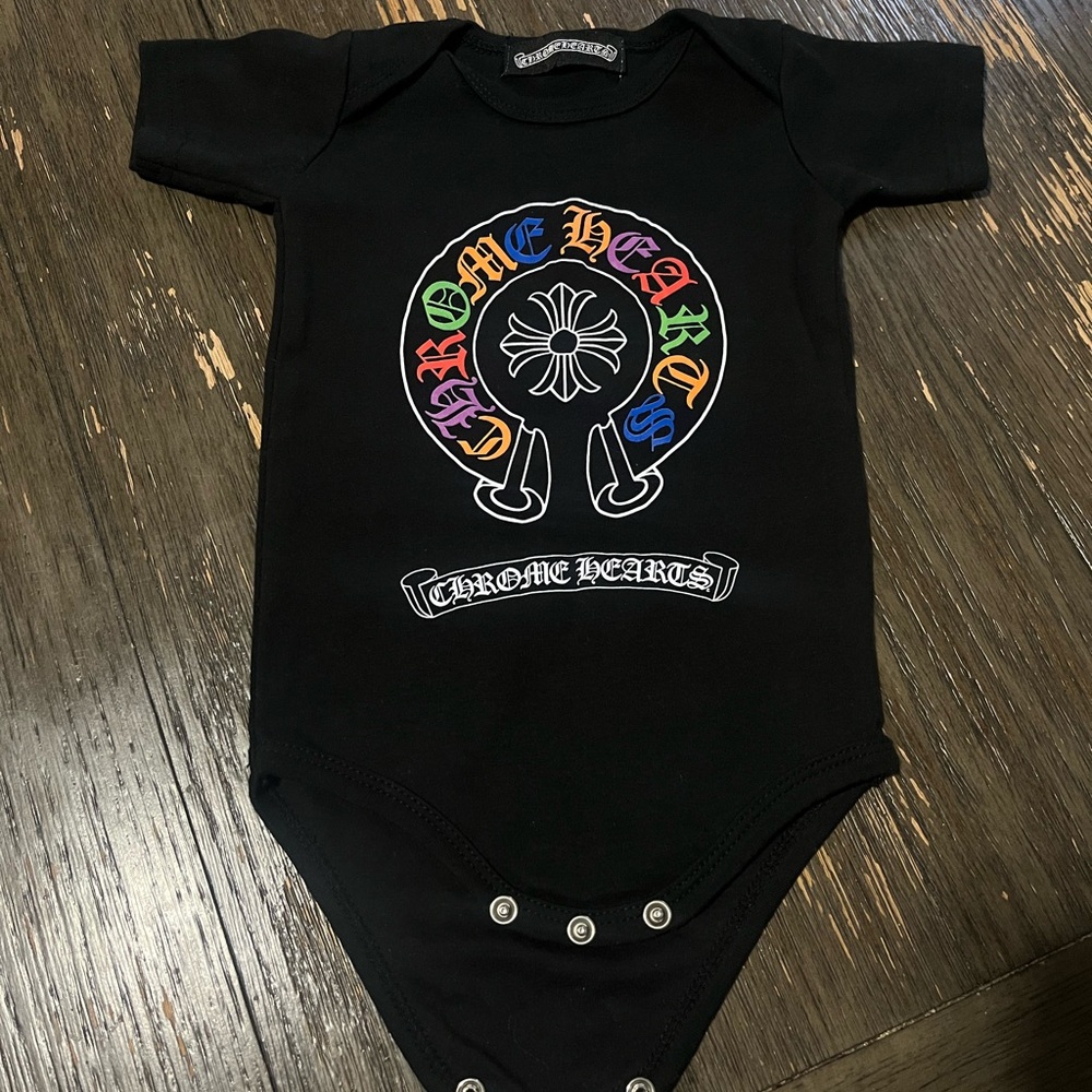 Chrome Hearts Black Baby Bodysuit with Multicolor Logo